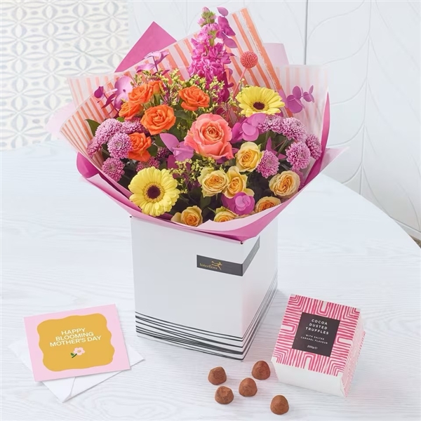 BRIGHT MOTHERS DAY BOUQUET WITH CHOCOLATES AND CARD